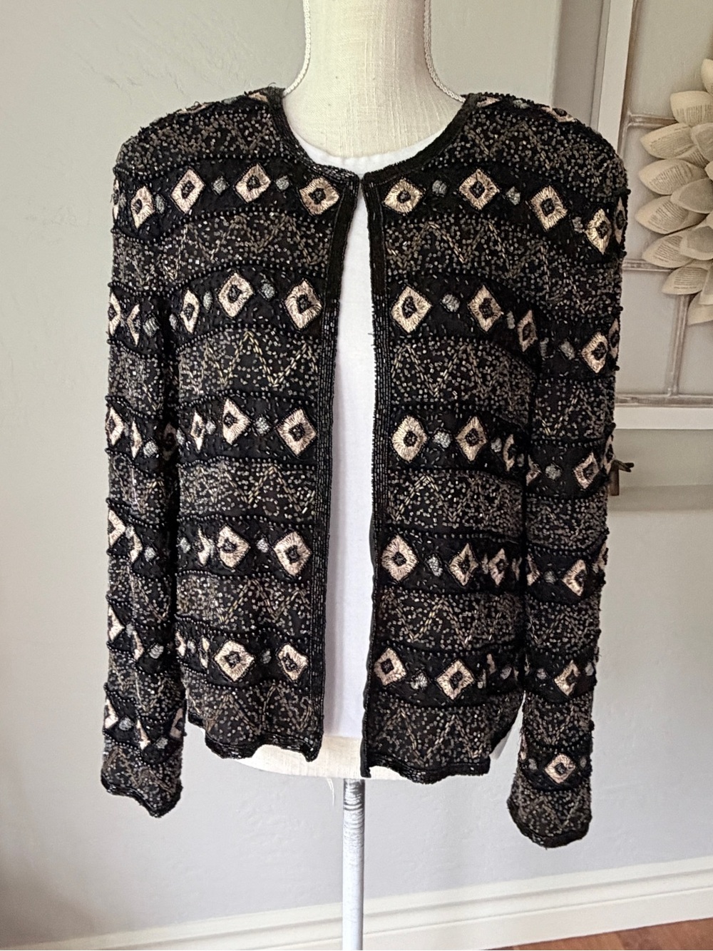 Papell Boutique Women's Vintage Beaded Embroidery Silk Evening Jacket Size L